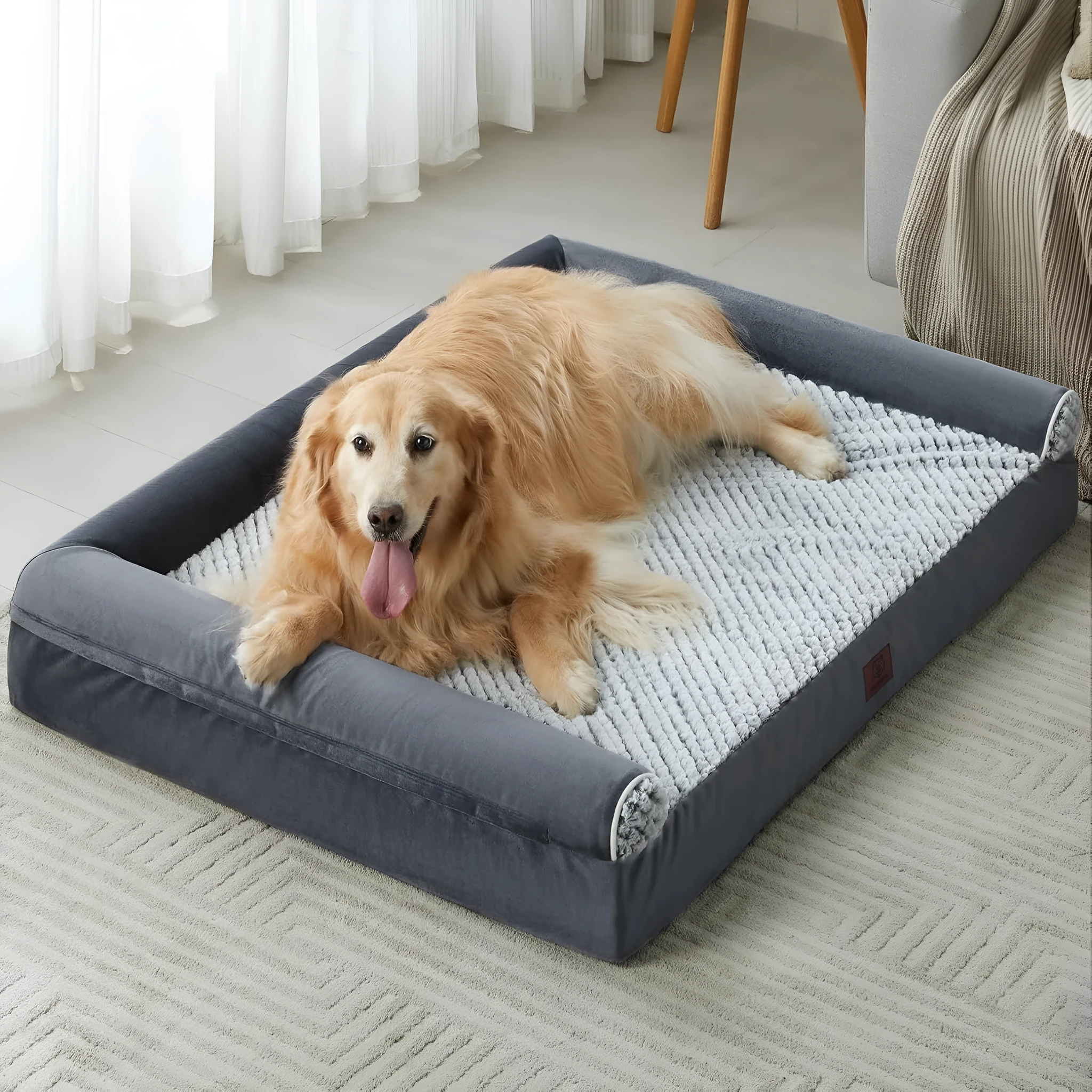 Rectangular cloth pet sleeping mat for dogs in brown, dark gray, and gray with size options L XL 2XL