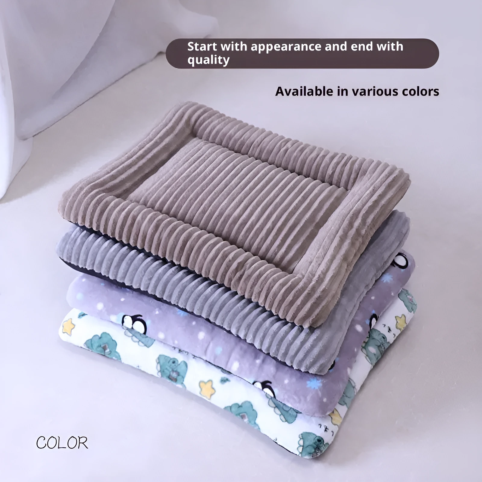 Silver gray cotton pet bed with removable washable cover on floor
