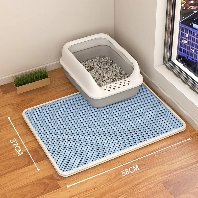 Double-layer waterproof cat litter mat in beige, showing textured fabric surface and size options.
