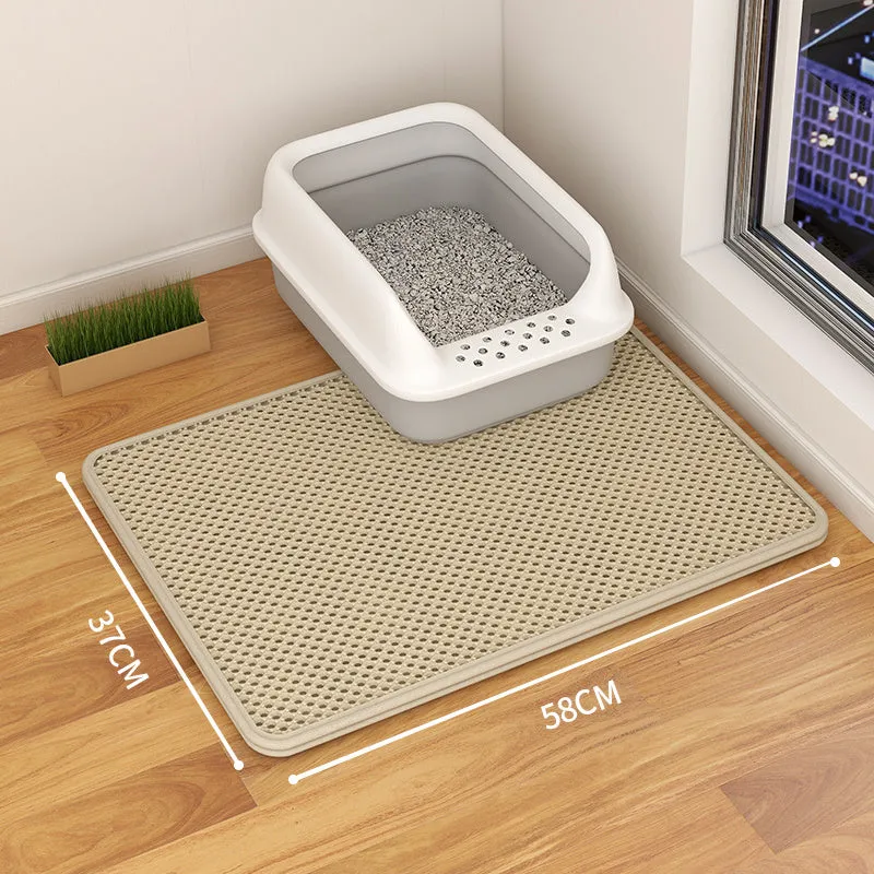 Double-layer waterproof cat litter mat in beige, showing textured fabric surface and size options.