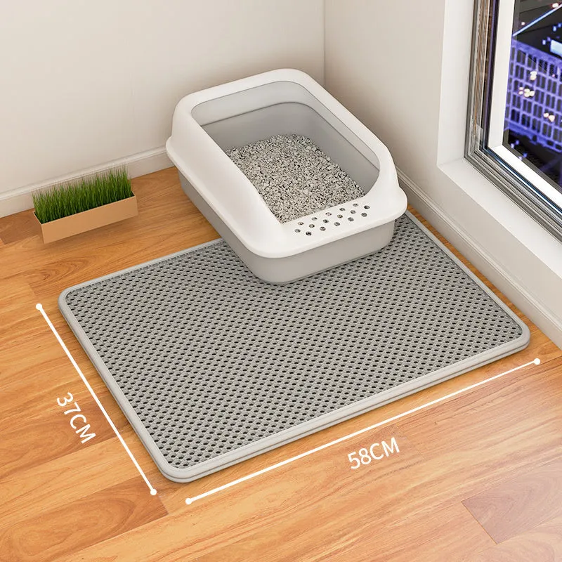 Double-layer waterproof cat litter mat in beige, showing textured fabric surface and size options.