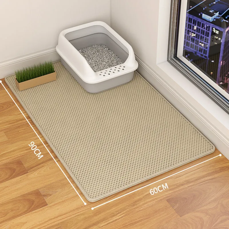 Double-layer waterproof cat litter mat in beige, showing textured fabric surface and size options.