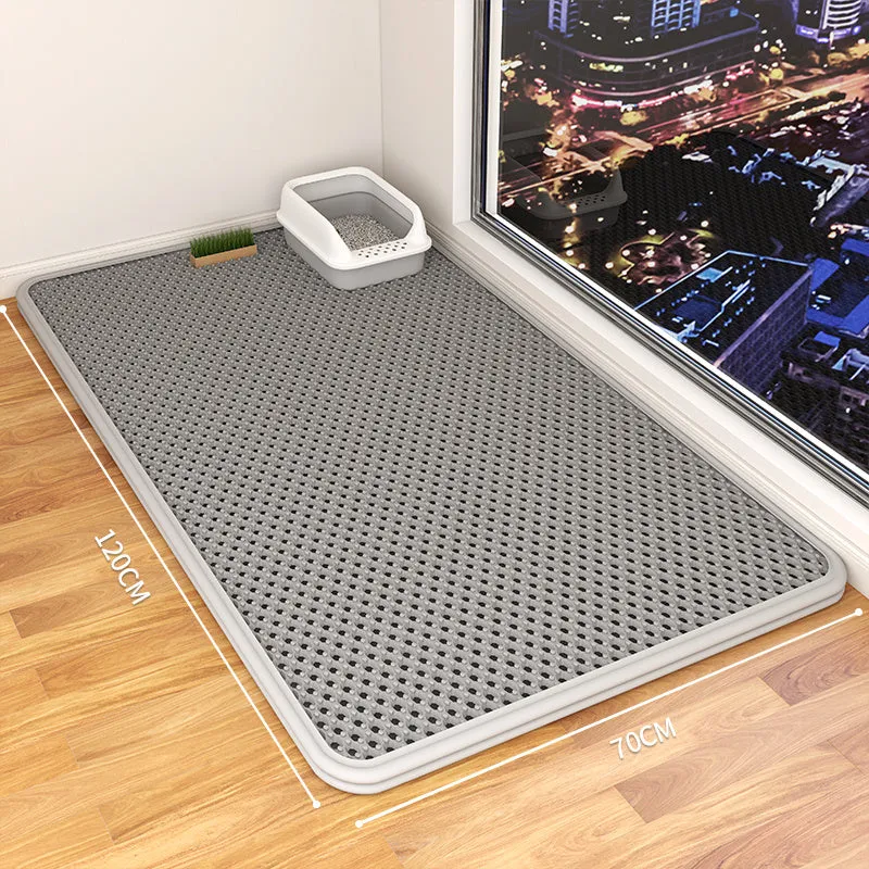 Double-layer waterproof cat litter mat in beige, showing textured fabric surface and size options.