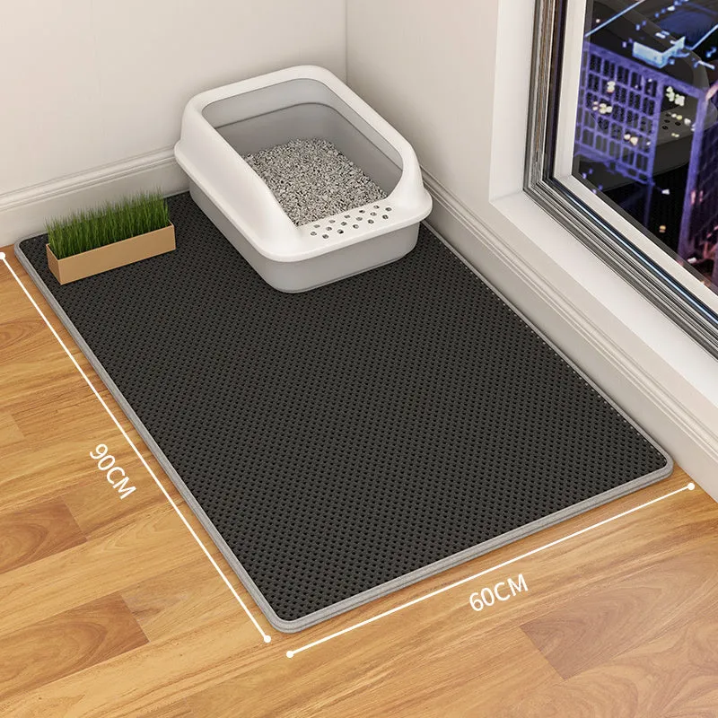 Double-layer waterproof cat litter mat in beige, showing textured fabric surface and size options.