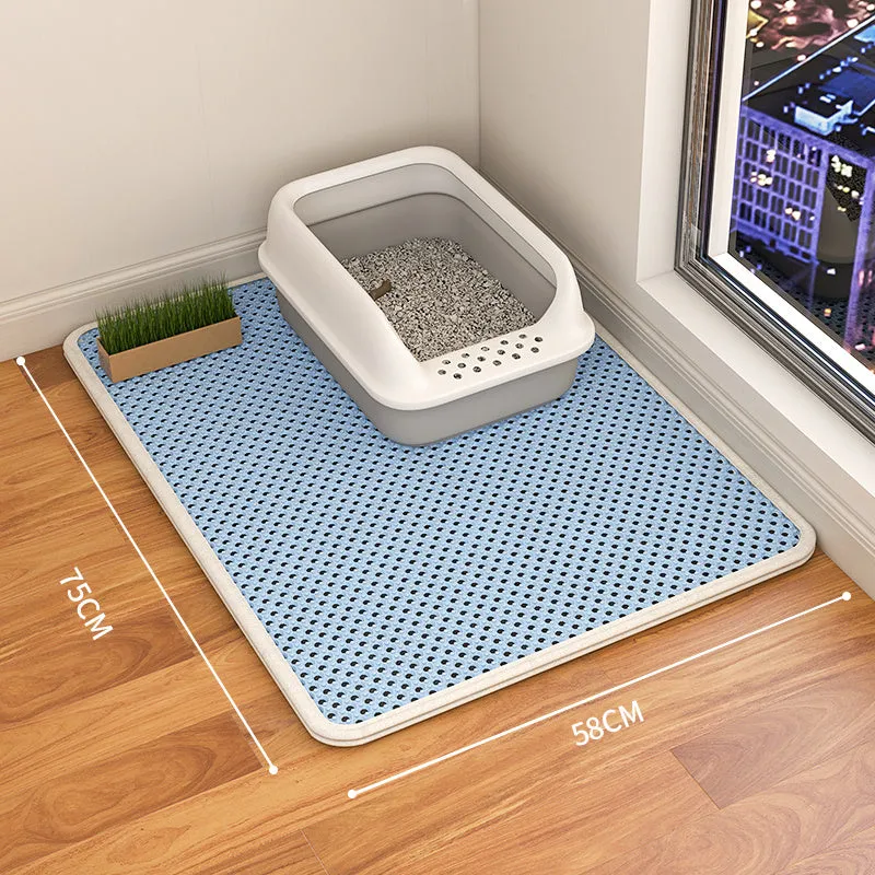 Double-layer waterproof cat litter mat in beige, showing textured fabric surface and size options.