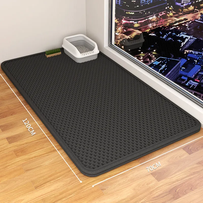 Double-layer waterproof cat litter mat in beige, showing textured fabric surface and size options.