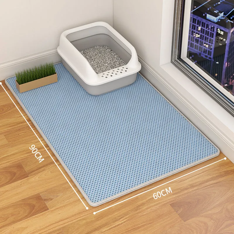 Double-layer waterproof cat litter mat in beige, showing textured fabric surface and size options.