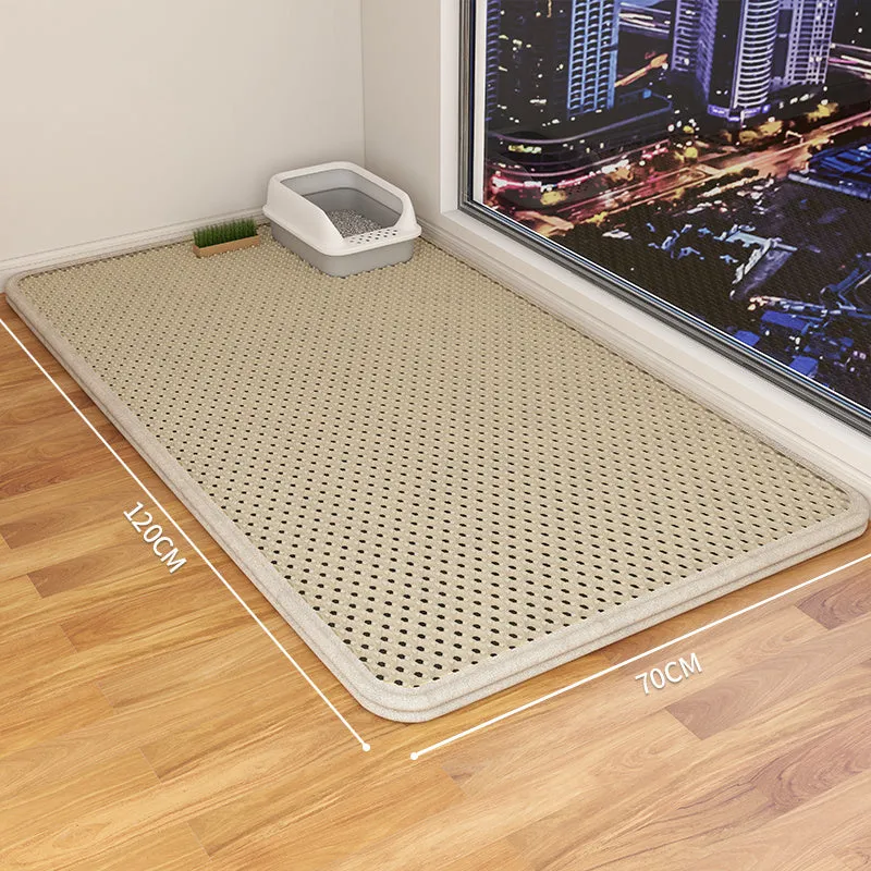 Double-layer waterproof cat litter mat in beige, showing textured fabric surface and size options.