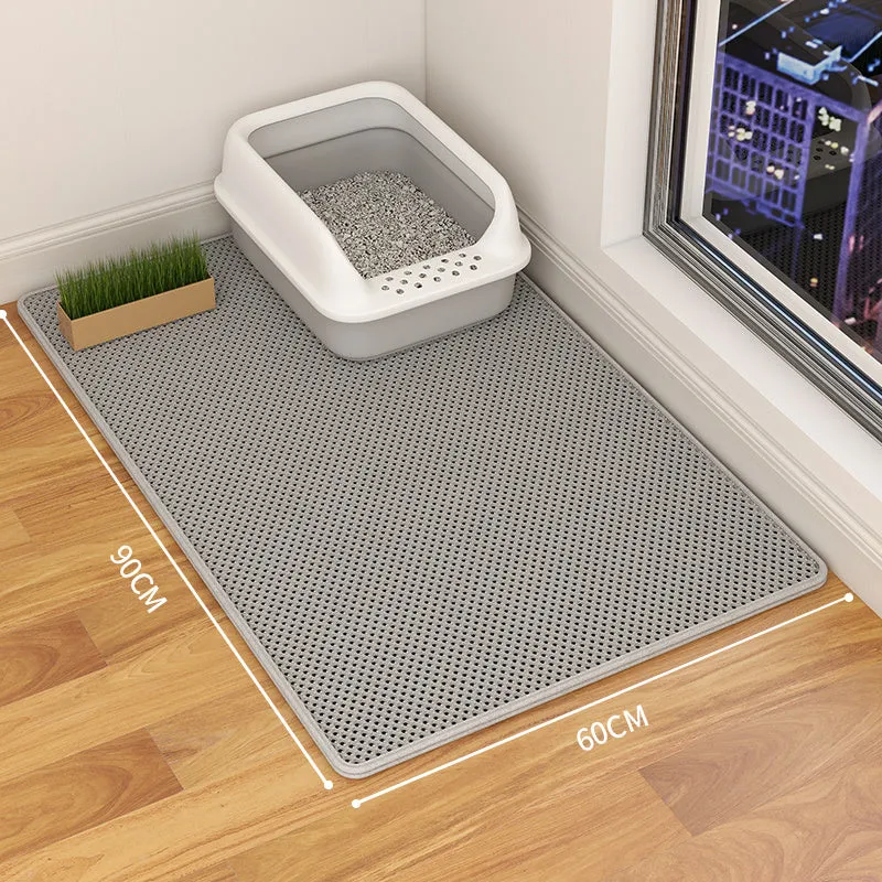 Double-layer waterproof cat litter mat in beige, showing textured fabric surface and size options.