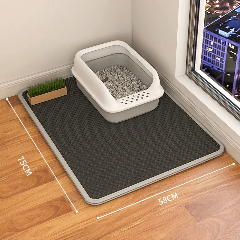 Double-layer waterproof cat litter mat in beige, showing textured fabric surface and size options.