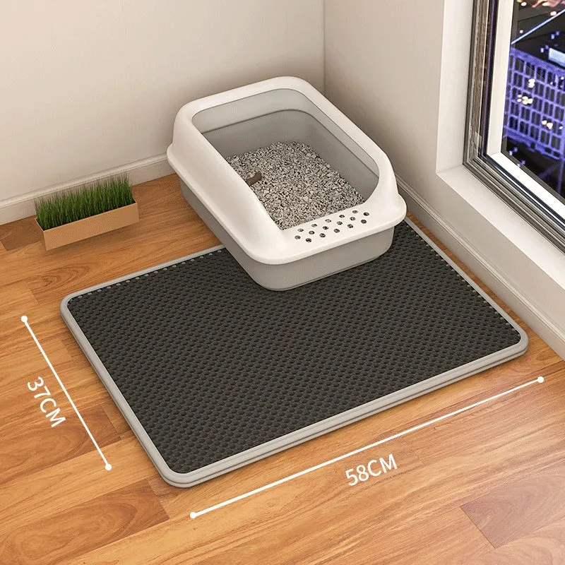 Double-layer waterproof cat litter mat in beige, showing textured fabric surface and size options.