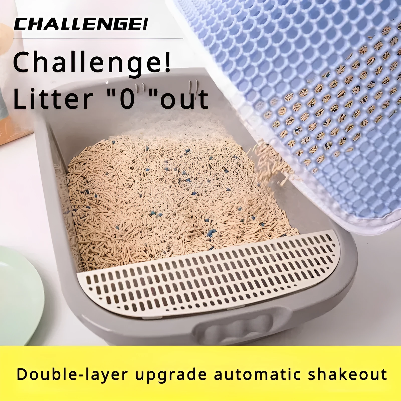 Double-layer waterproof cat litter mat in beige, showing textured fabric surface and size options.