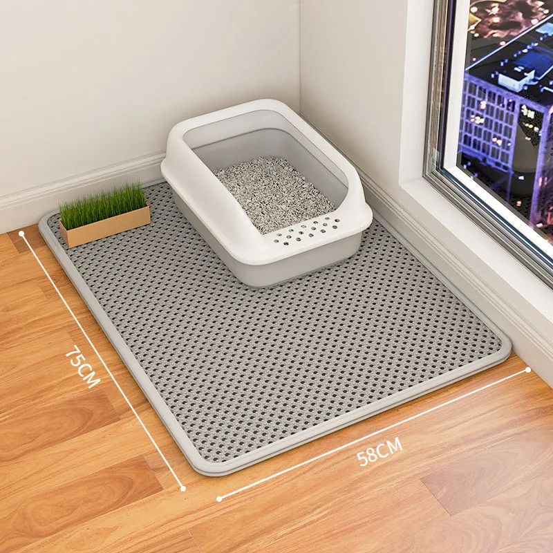 Double-layer waterproof cat litter mat in beige, showing textured fabric surface and size options.