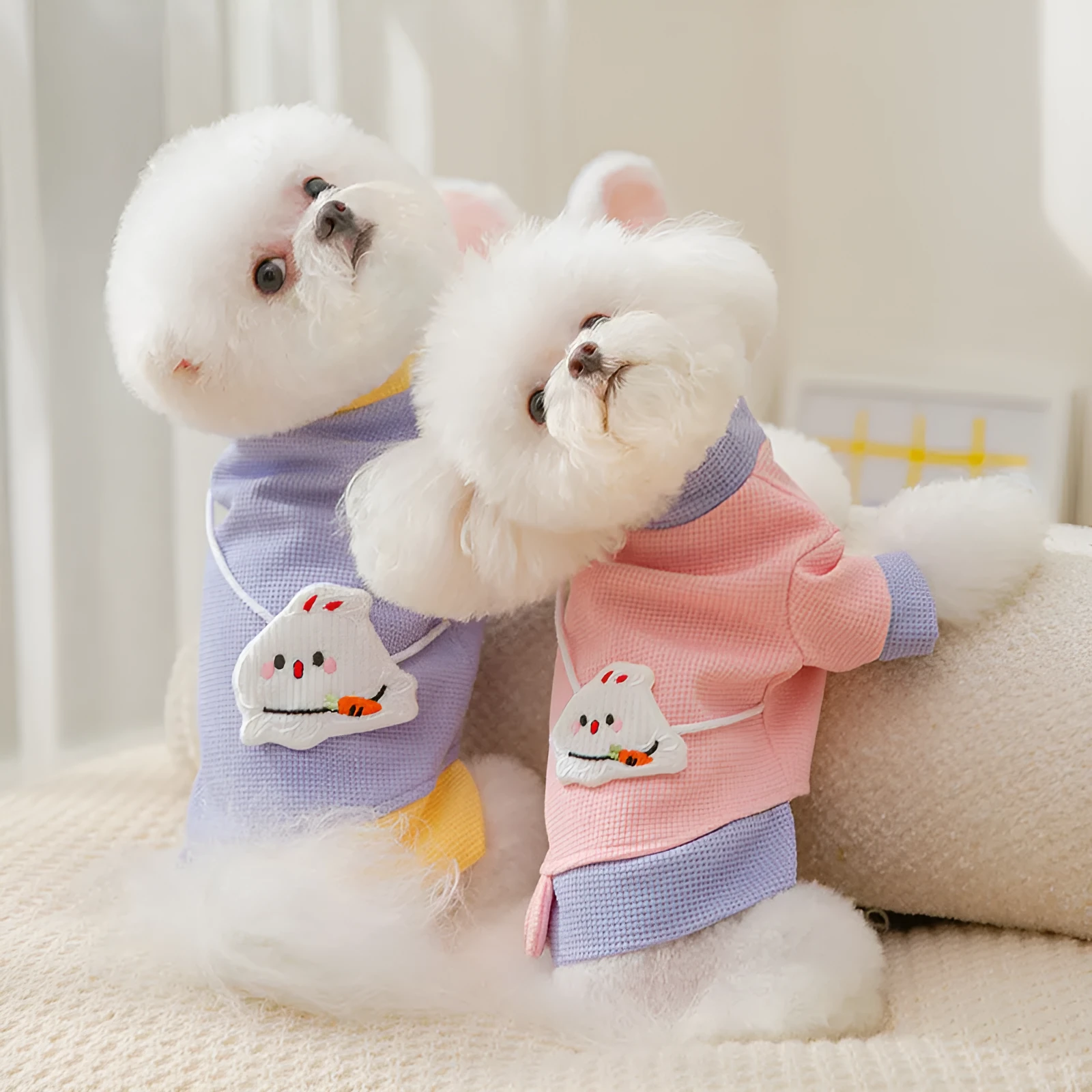 Cartoon bear print lightweight hoodie for small dogs in pink, side view on white background