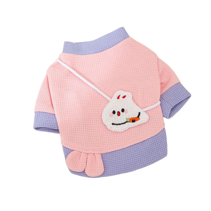 Cartoon bear print lightweight hoodie for small dogs in pink, side view on white background