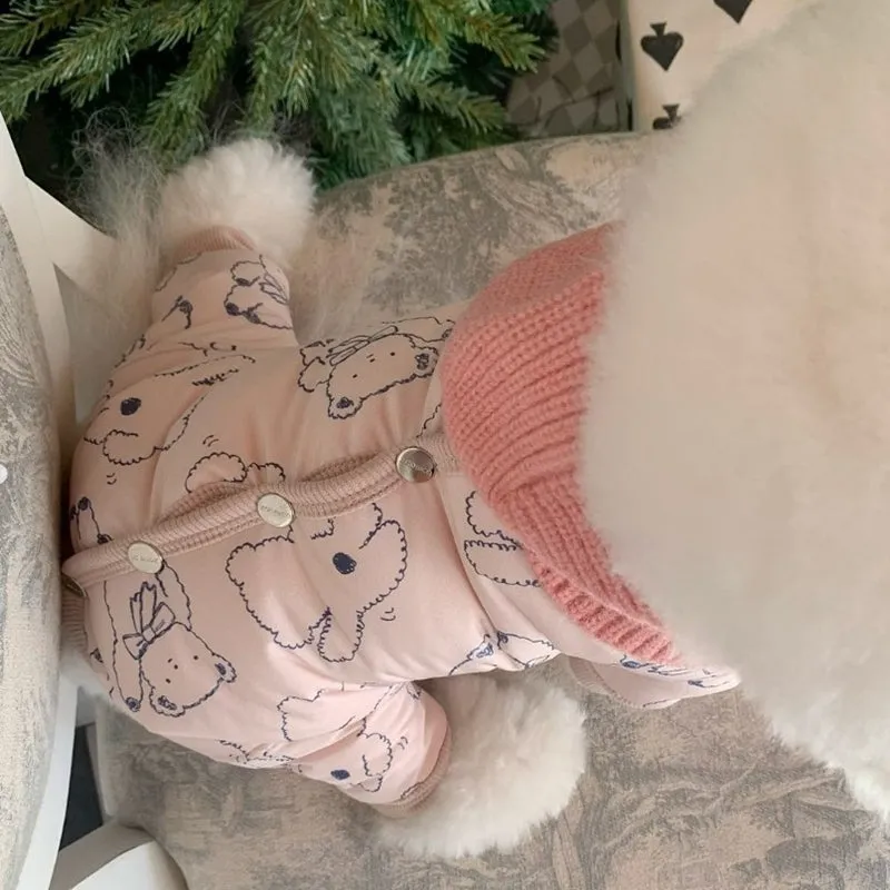 Bear print pet winter jumpsuit in pink with knitted scarf, fleece cuffs, and snap buttons