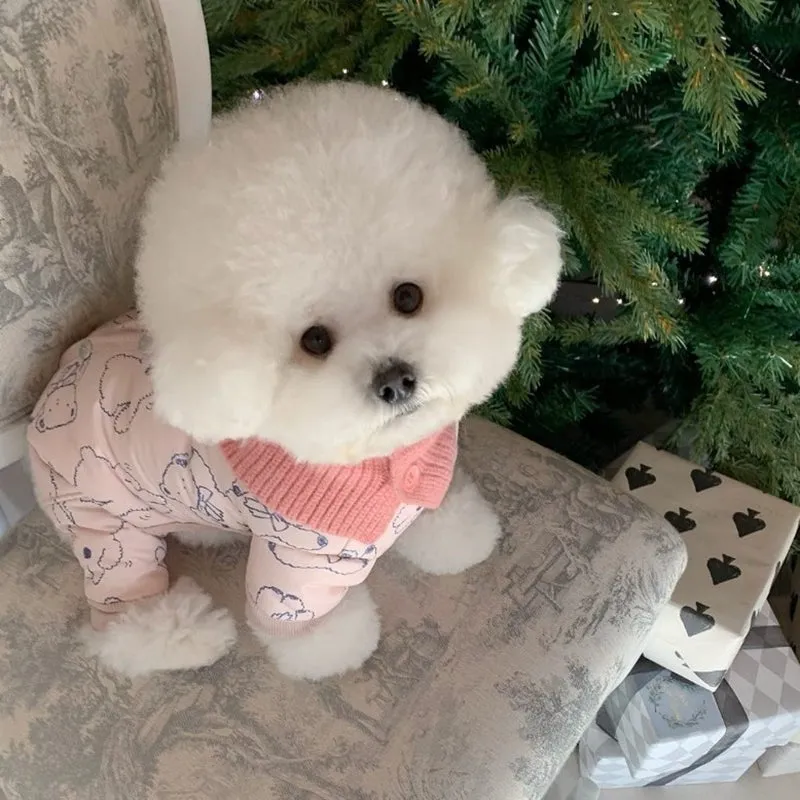 Bear print pet winter jumpsuit in pink with knitted scarf, fleece cuffs, and snap buttons