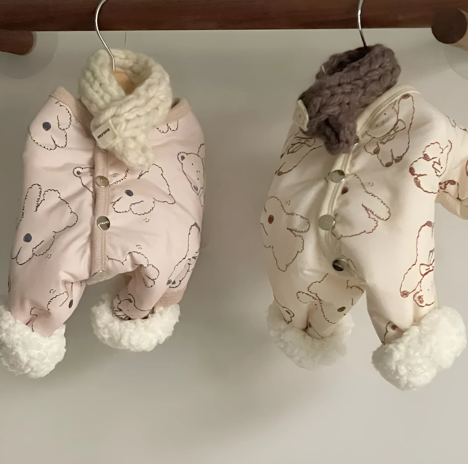 Bear print pet winter jumpsuit in pink with knitted scarf, fleece cuffs, and snap buttons
