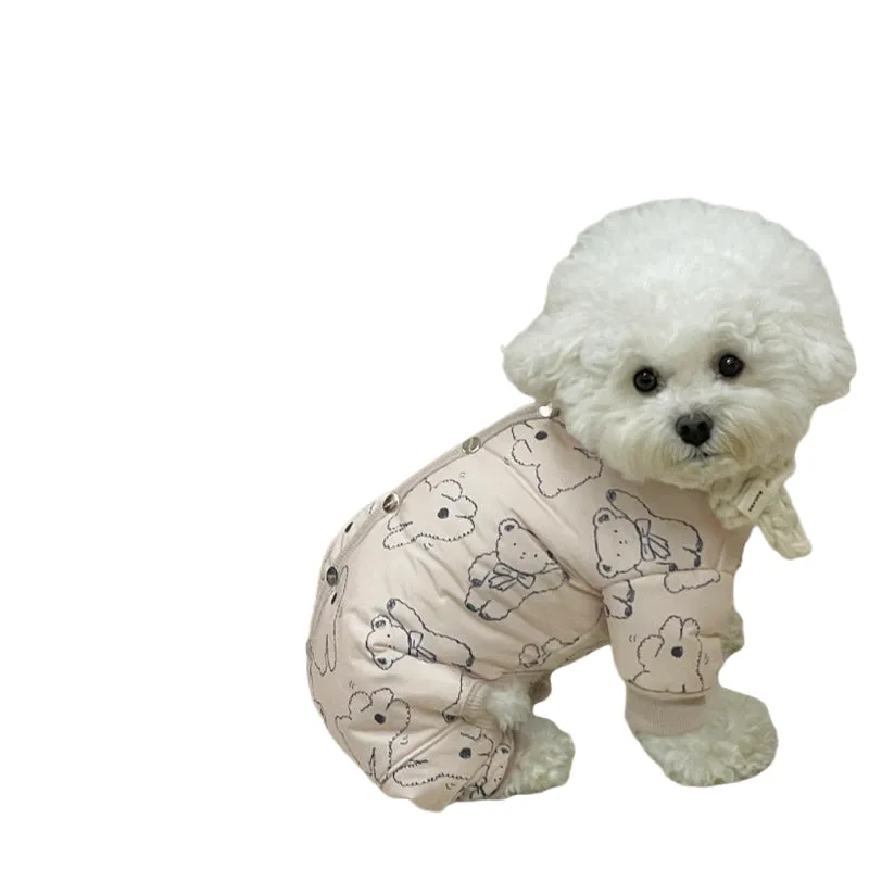 Bear print pet winter jumpsuit in pink with knitted scarf, fleece cuffs, and snap buttons