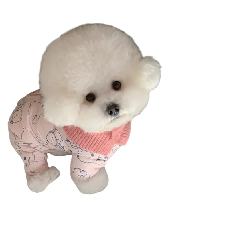 Bear print pet winter jumpsuit in pink with knitted scarf, fleece cuffs, and snap buttons
