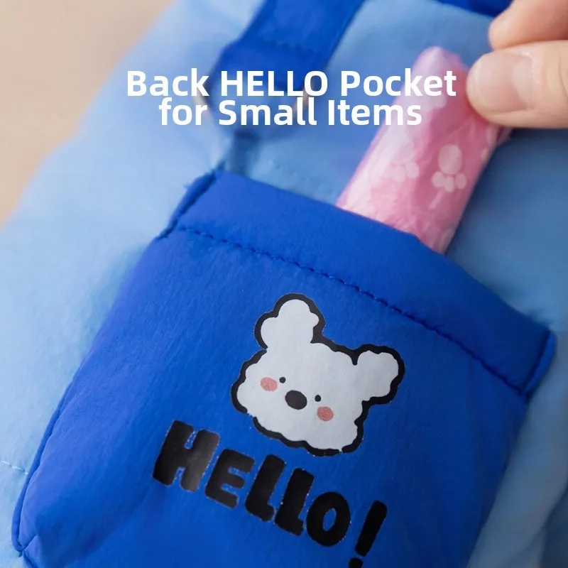 Blue padded dog snowsuit with hood and Hello bear print on front for small and medium breeds