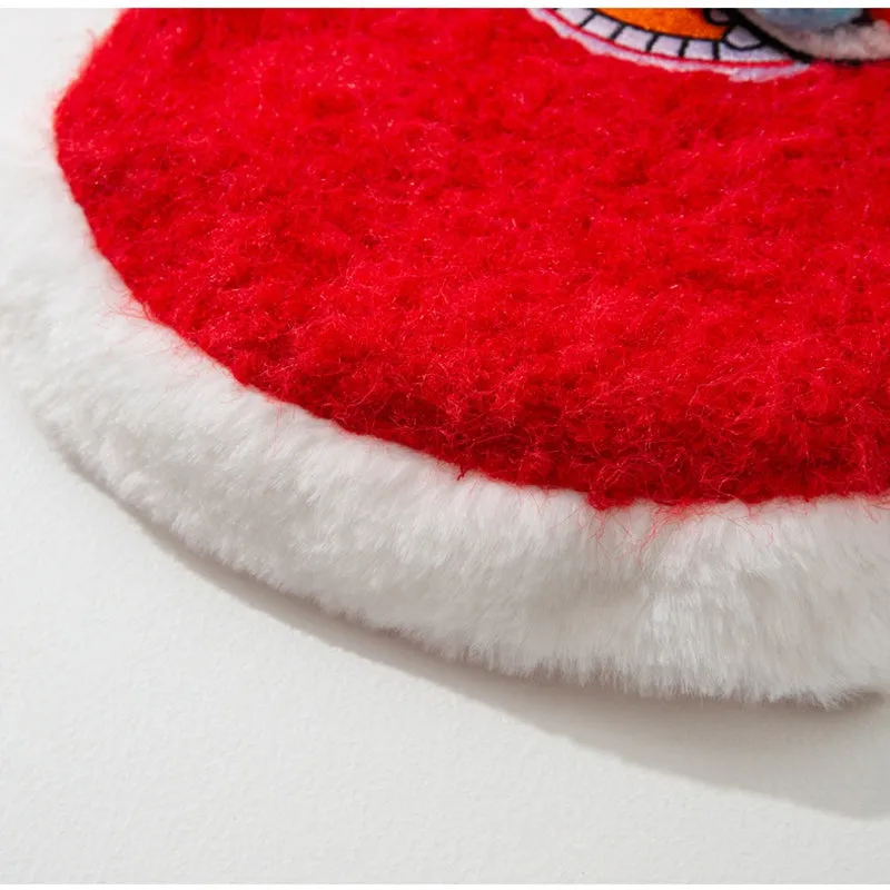 Red pet lion dance sweater with 3D face, colourful pom-poms, and leash ring on small dog