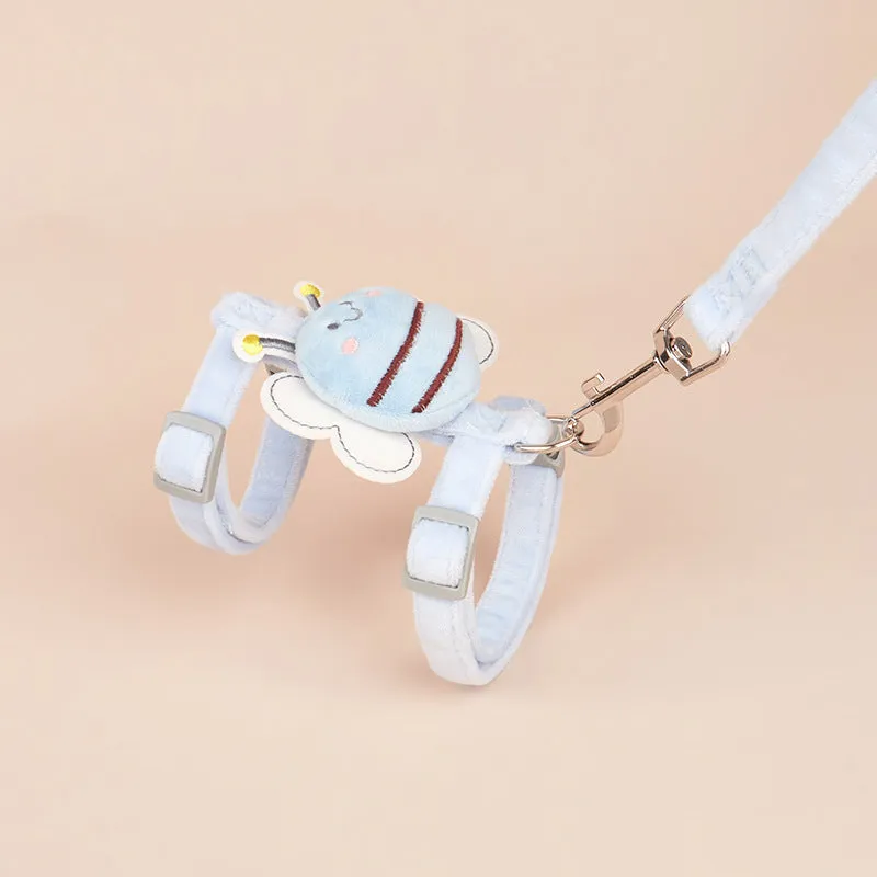 Adjustable bee shaped polyester cat leash in pink, blue, or yellow with strap and hand rope.
