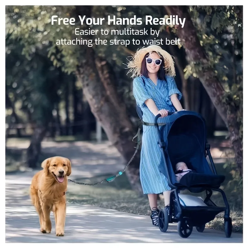 Hands-free dog leash with adjustable waist belt worn by person running with dog