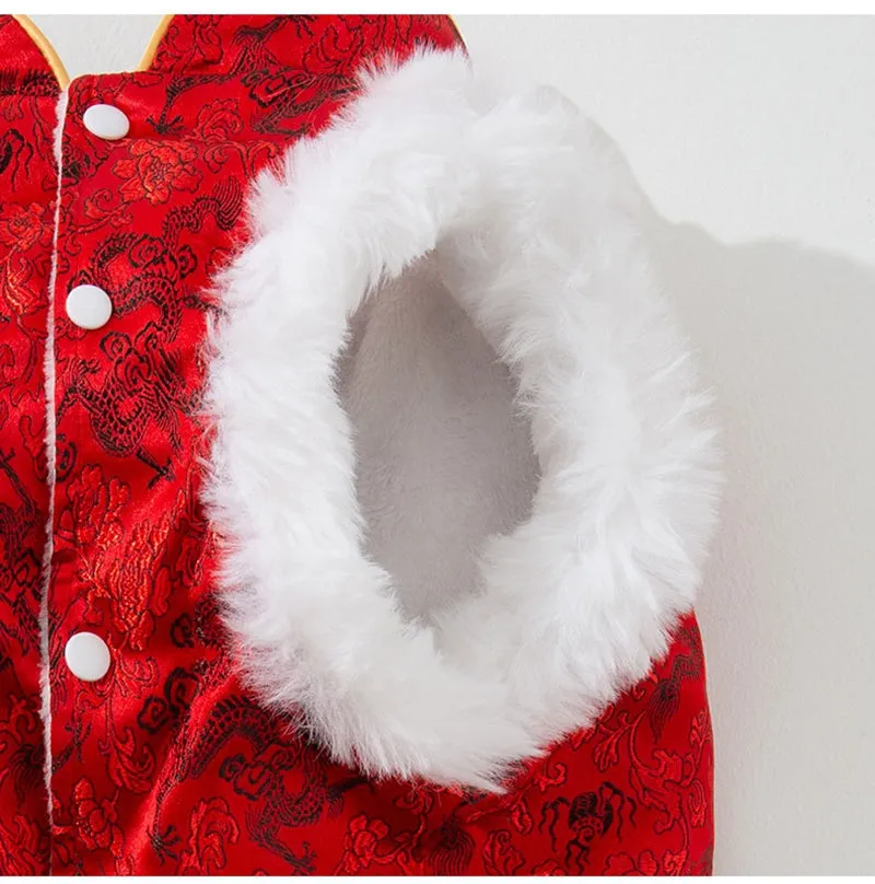 Red brocade pet dog Tang suit with dragon embroidery, faux fur trim, and knot buttons on a large dog