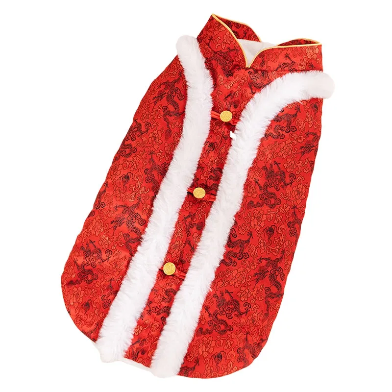 Red brocade pet dog Tang suit with dragon embroidery, faux fur trim, and knot buttons on a large dog