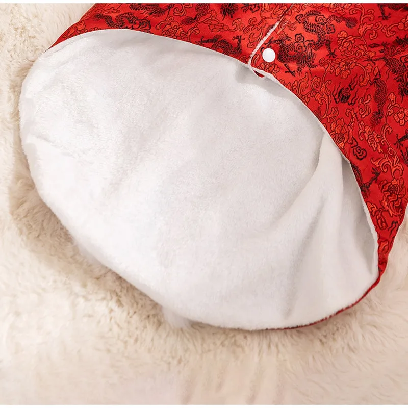 Red brocade pet dog Tang suit with dragon embroidery, faux fur trim, and knot buttons on a large dog