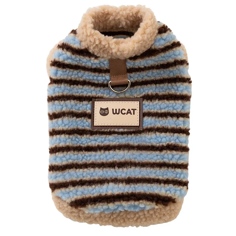 Yellow striped lambskin fleece dog clothing with bear patch and leash ring on a small dog