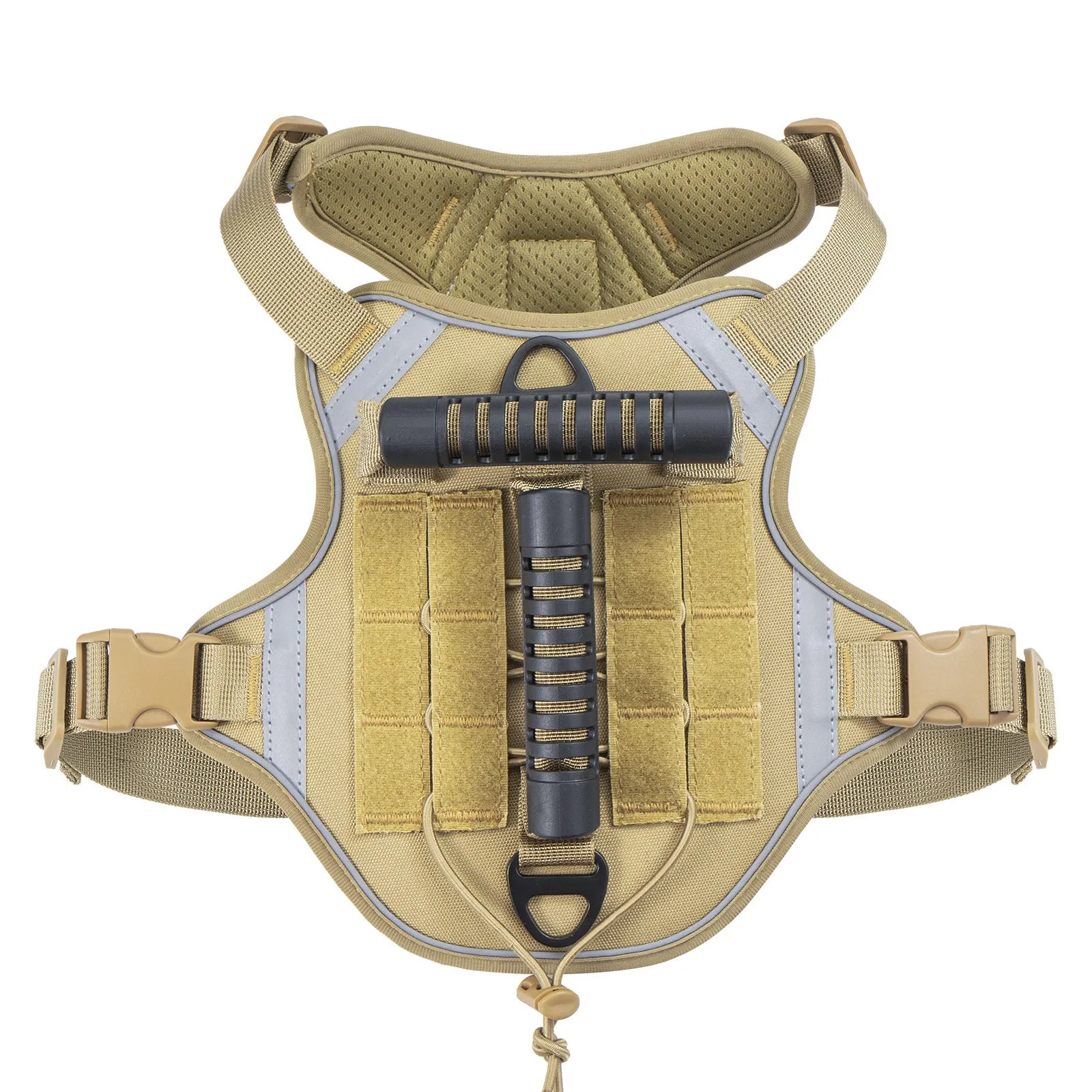 Monochrome tactical dog harness with a back handle and chest strap on a dog.