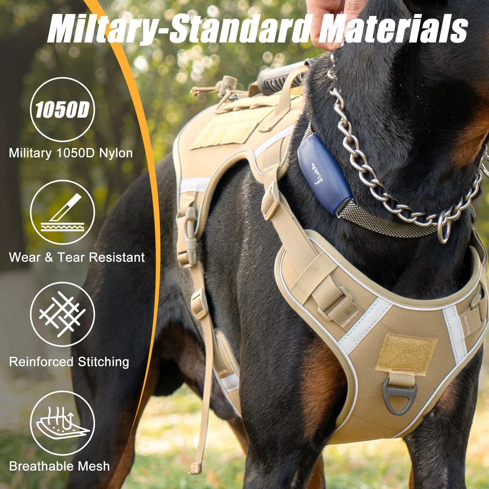 Monochrome tactical dog harness with a back handle and chest strap on a dog.