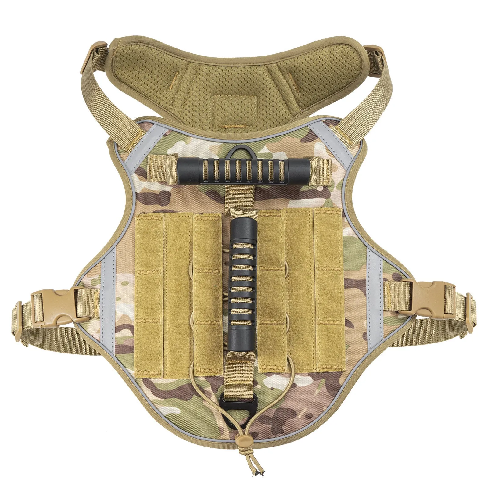 Monochrome tactical dog harness with a back handle and chest strap on a dog.