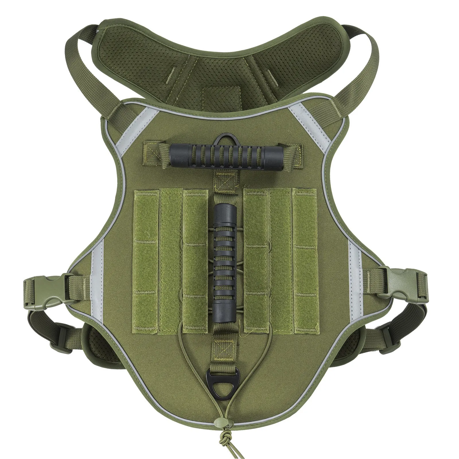 Monochrome tactical dog harness with a back handle and chest strap on a dog.