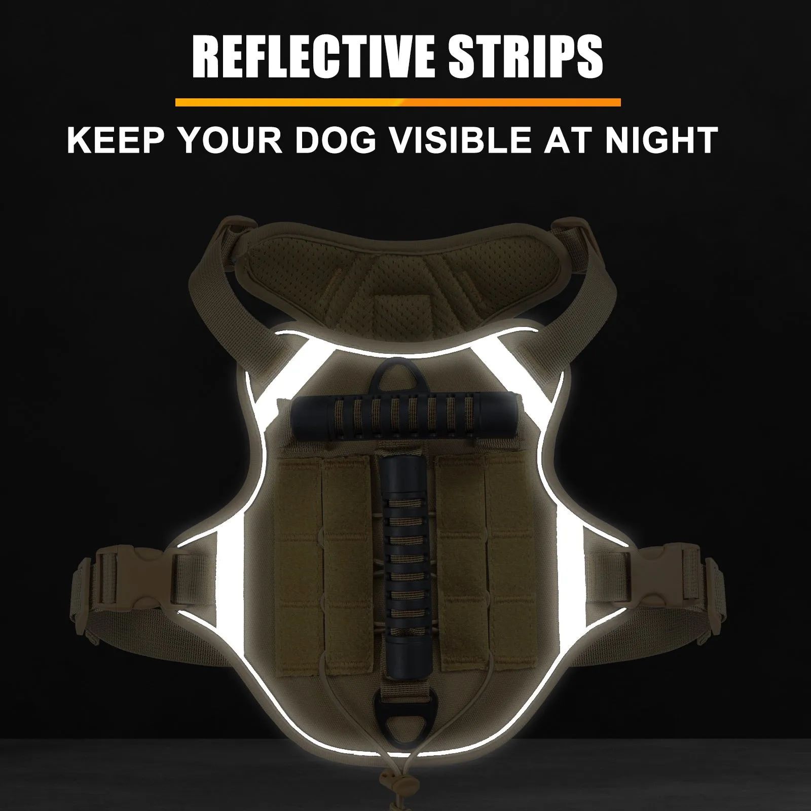 Monochrome tactical dog harness with a back handle and chest strap on a dog.