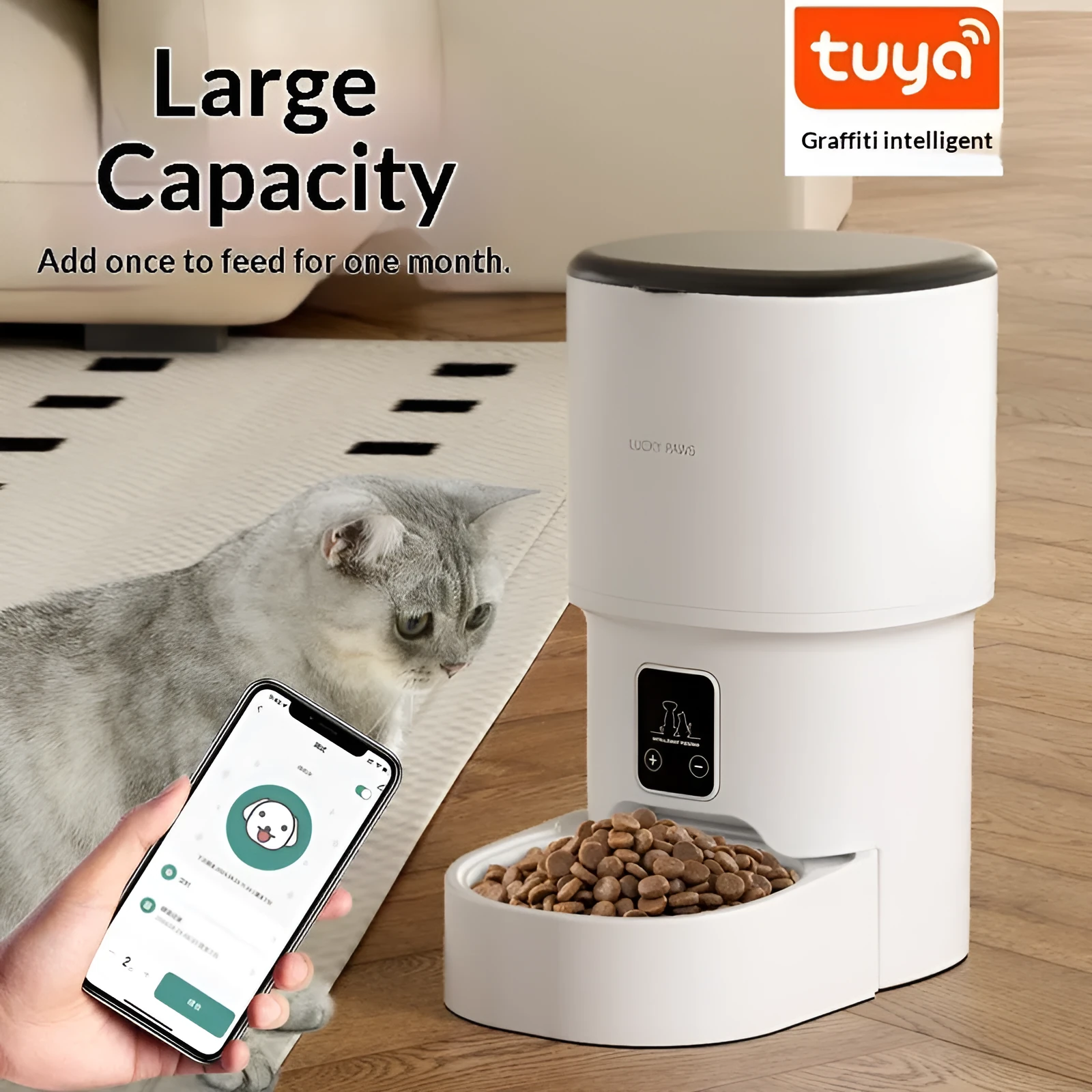 Pet automatic feeder with Wi-Fi remote timed feeding, black with stainless steel bowl, for dogs and cats