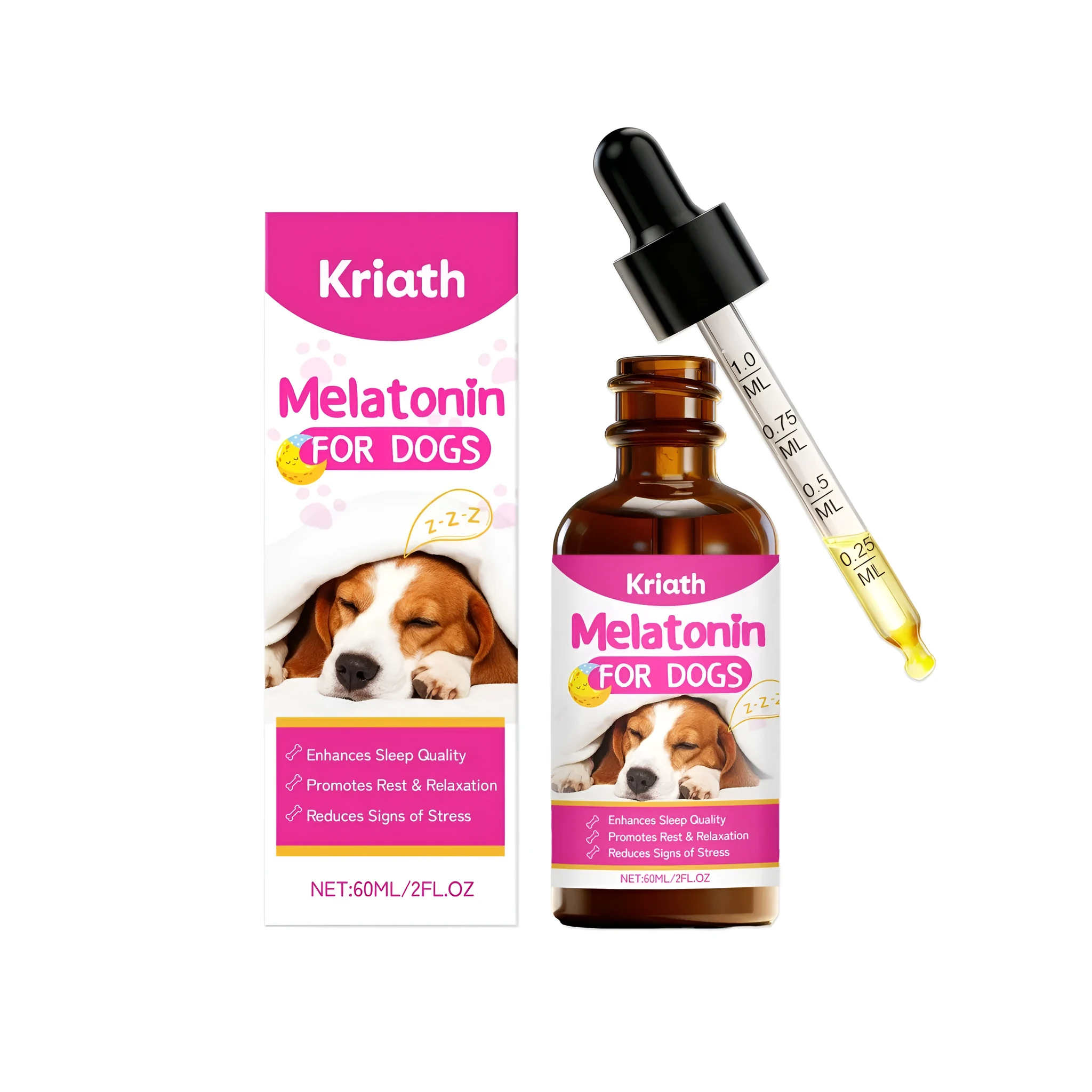 Melatonin drops for dogs 60ml bottle with dropper, calming liquid supplement