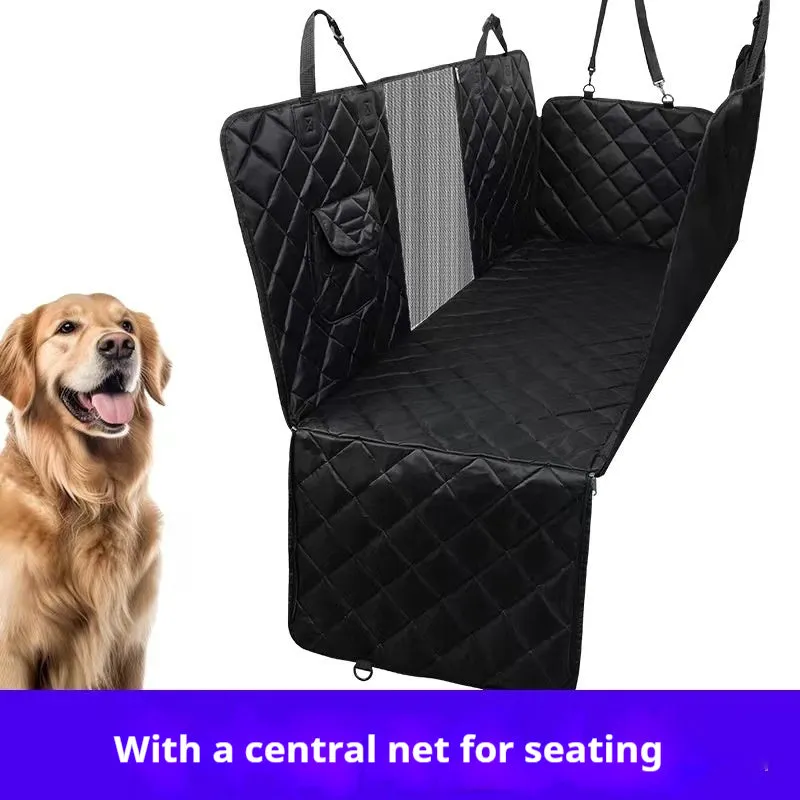 Pet car cushion fabric mat with seatbelt opening shown in black and grey colour options