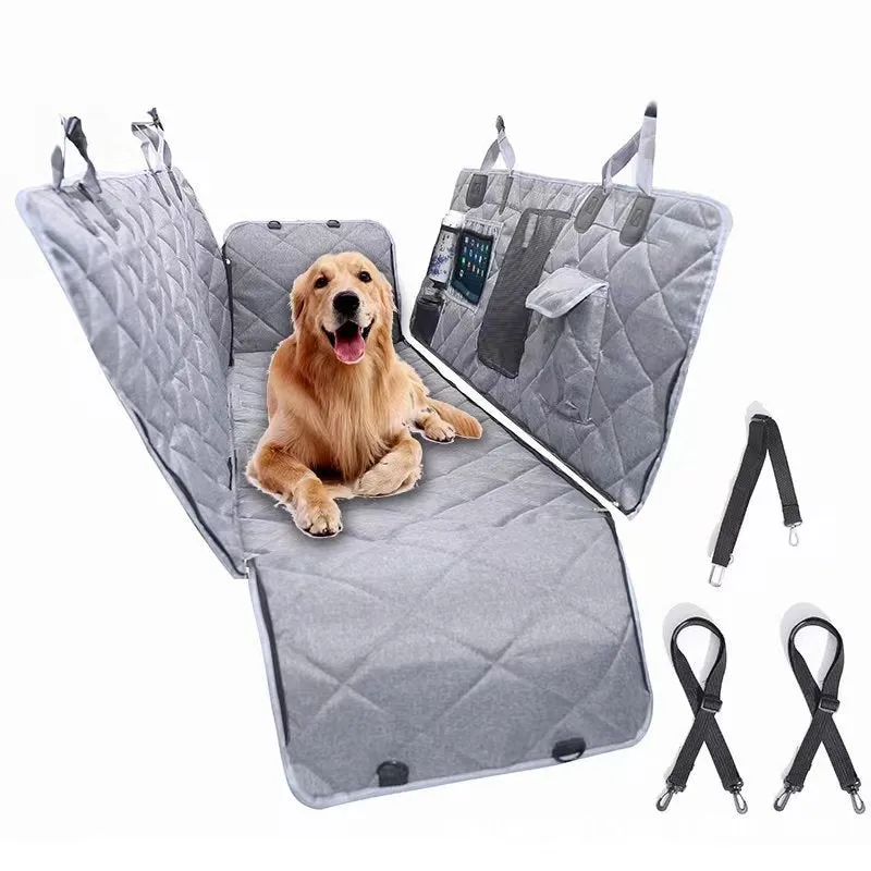 Pet car cushion fabric mat with seatbelt opening shown in black and grey colour options