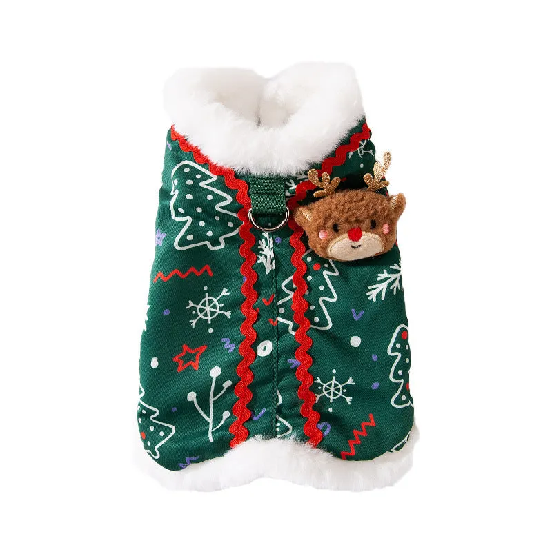 Green Christmas dog shirt with snowman plush patch and Christmas tree print for small dogs