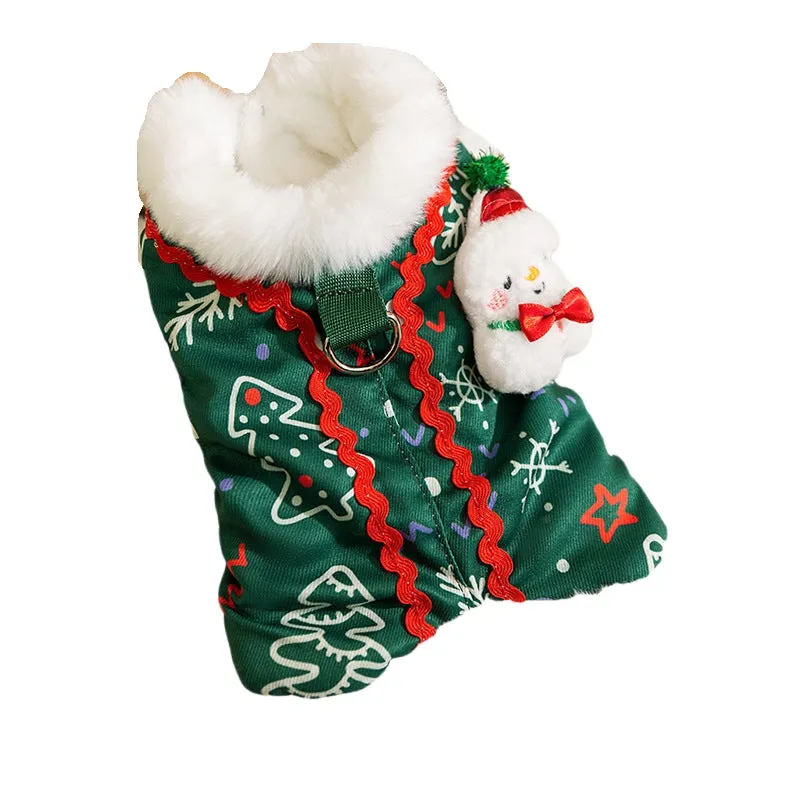 Green Christmas dog shirt with snowman plush patch and Christmas tree print for small dogs