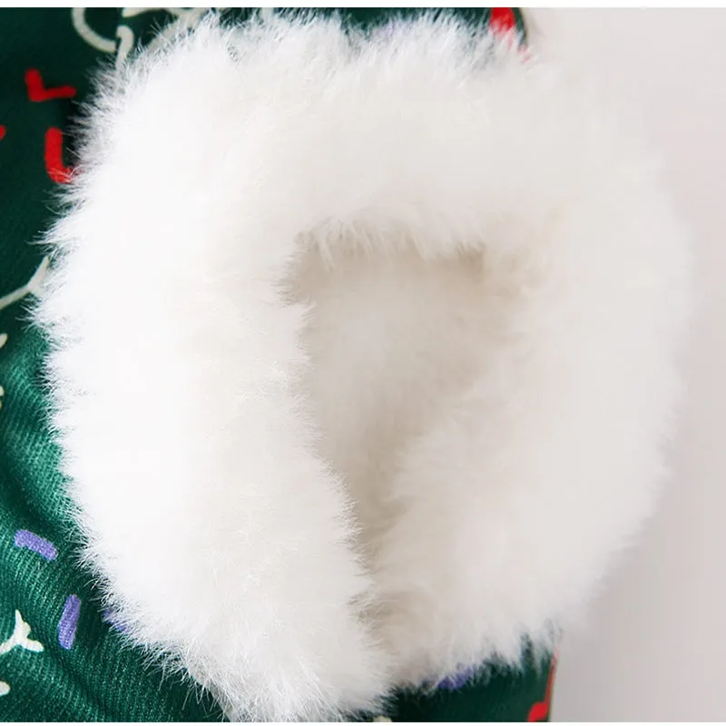Green Christmas dog shirt with snowman plush patch and Christmas tree print for small dogs