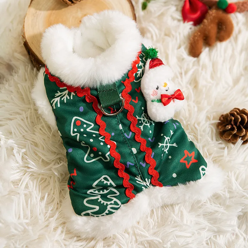 Green Christmas dog shirt with snowman plush patch and Christmas tree print for small dogs