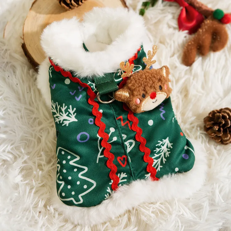 Green Christmas dog shirt with snowman plush patch and Christmas tree print for small dogs