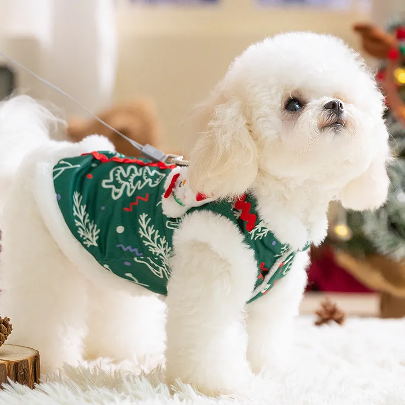 Green Christmas dog shirt with snowman plush patch and Christmas tree print for small dogs