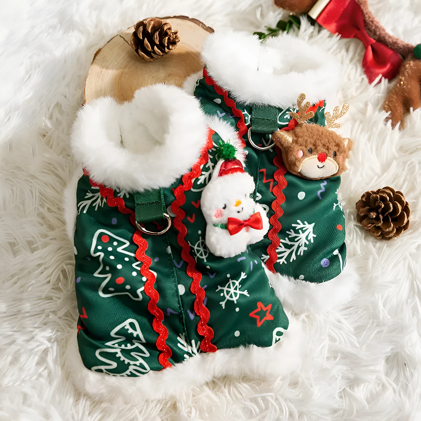 Green Christmas dog shirt with snowman plush patch and Christmas tree print for small dogs