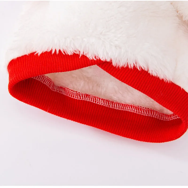White plush bear pet jacket with 3D bear face, closed eyes, red knit trim, and metal leash ring for small dogs