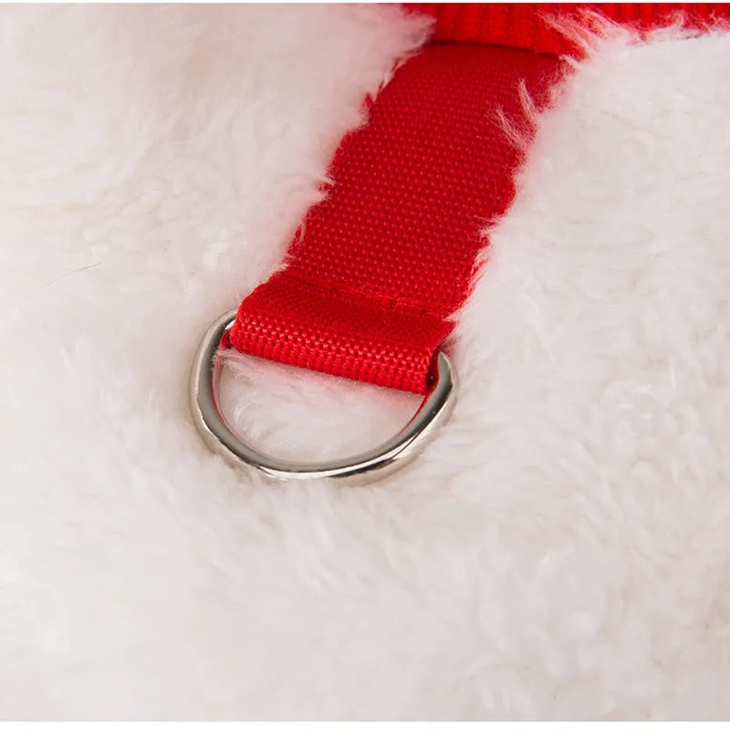 White plush bear pet jacket with 3D bear face, closed eyes, red knit trim, and metal leash ring for small dogs
